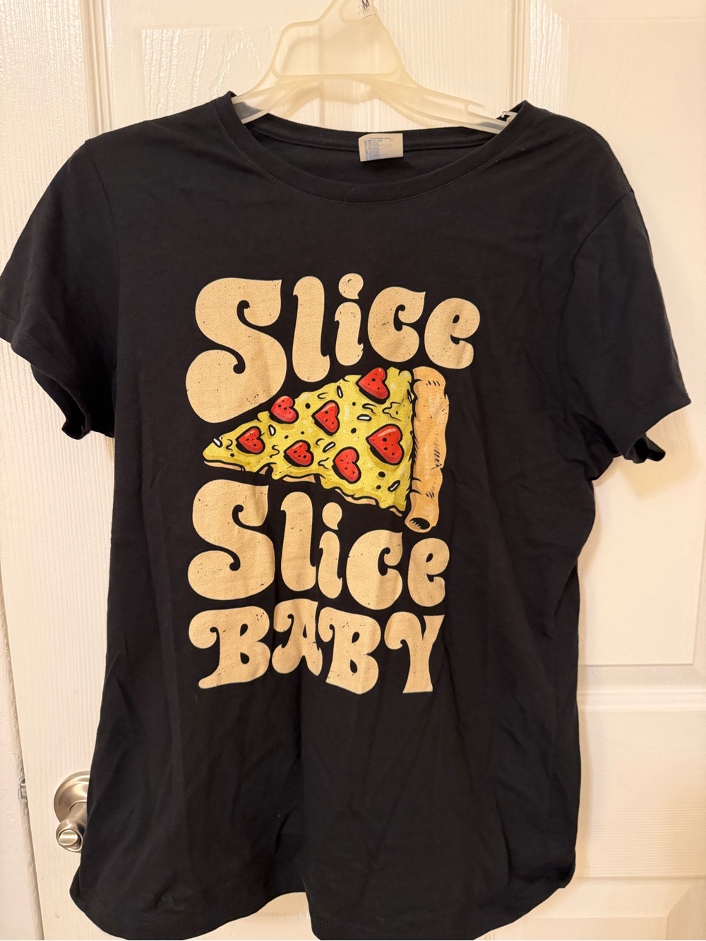 Amazon Black Graphic Tee with Yellow Pizza Slice and Red Hearts